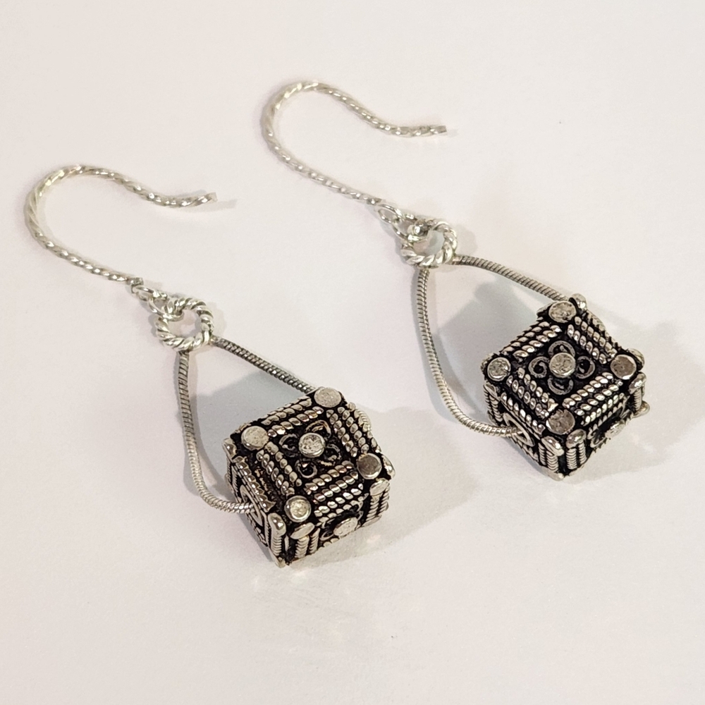 Genuine Artisan Handcrafted Sterling Silver "Bali" Heavy Dangling Cube Earrings